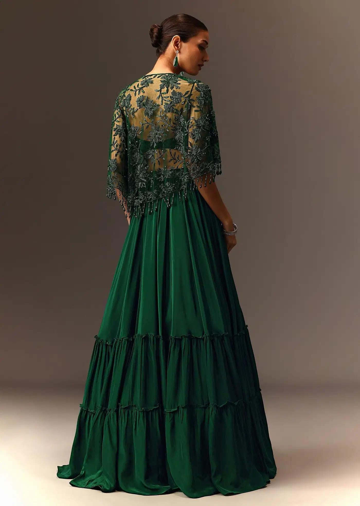 Bottle Green Tiered Lehenga Skirt Featuring Net Cape
