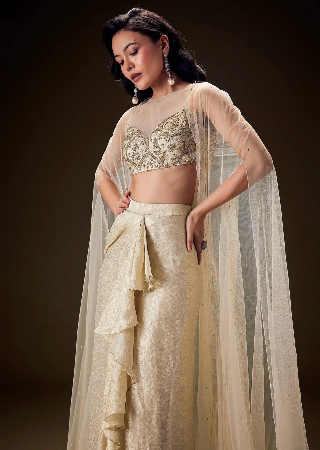 Brocade Drape Skirt And Net Cape With Beige Zardozi Blouse