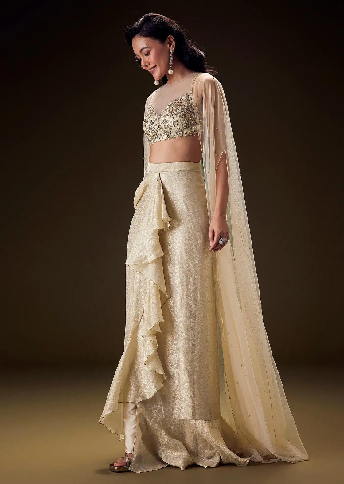 Brocade Drape Skirt And Net Cape With Beige Zardozi Blouse