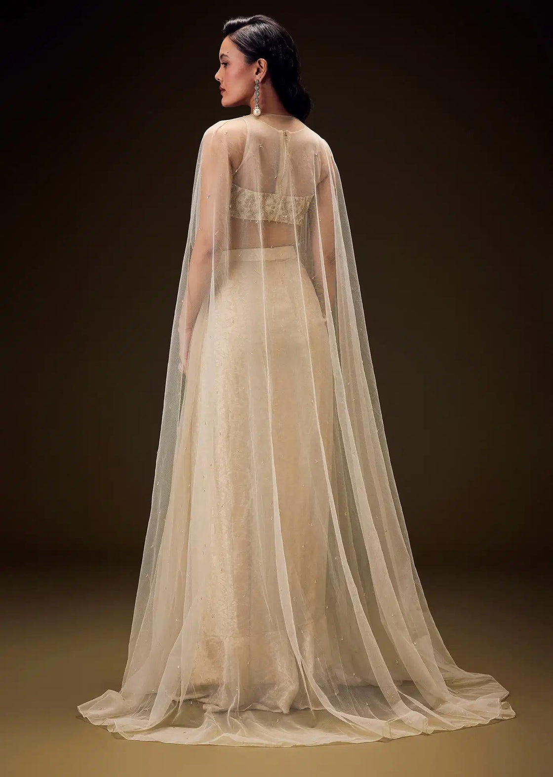 Brocade Drape Skirt And Net Cape With Beige Zardozi Blouse