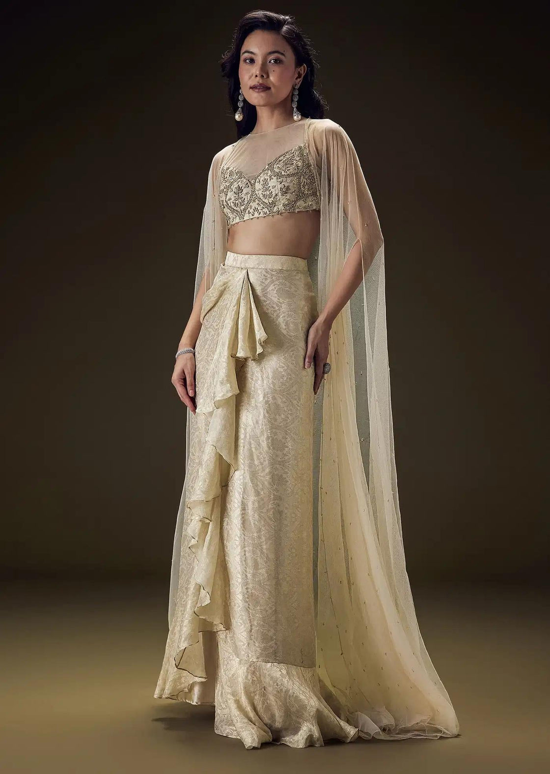 Brocade Drape Skirt And Net Cape With Beige Zardozi Blouse