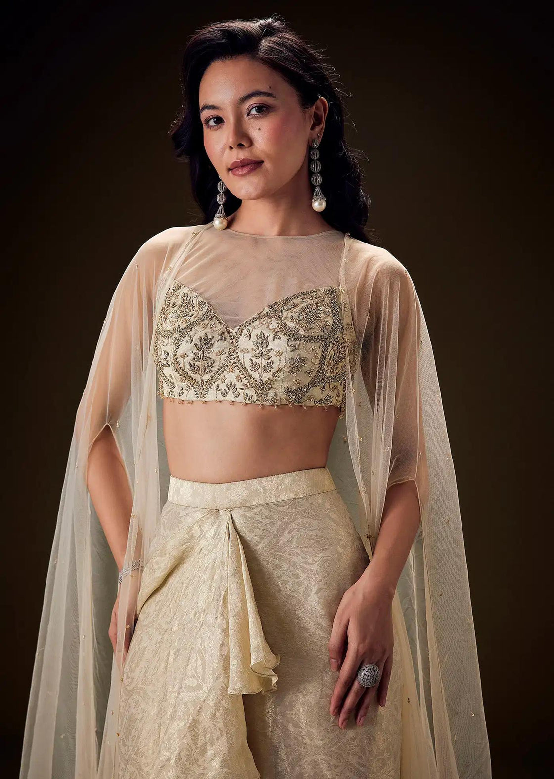 Brocade Drape Skirt And Net Cape With Beige Zardozi Blouse