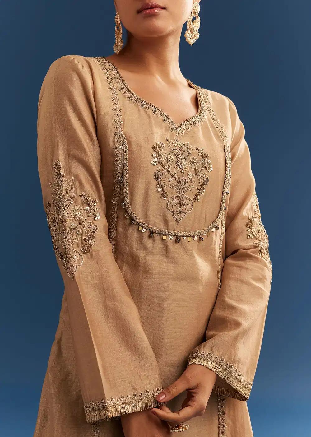 Brown Chanderi Embroidered Kurta Ensemble With Crepe Dhoti And Gotta Detailing Outfit