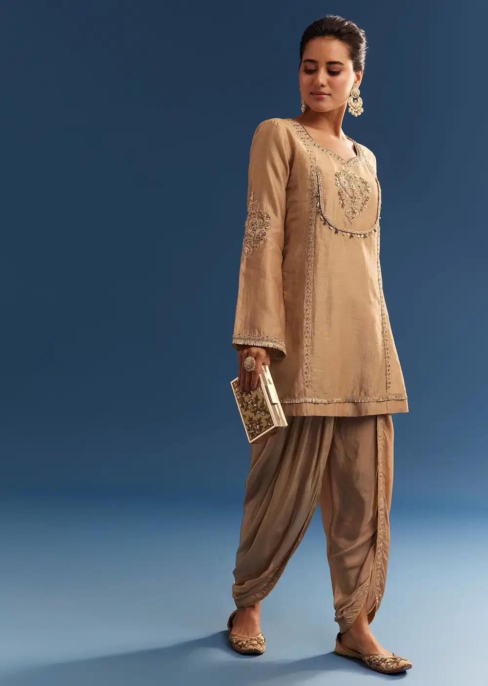 Brown Chanderi Embroidered Kurta Ensemble With Crepe Dhoti And Gotta Detailing Outfit