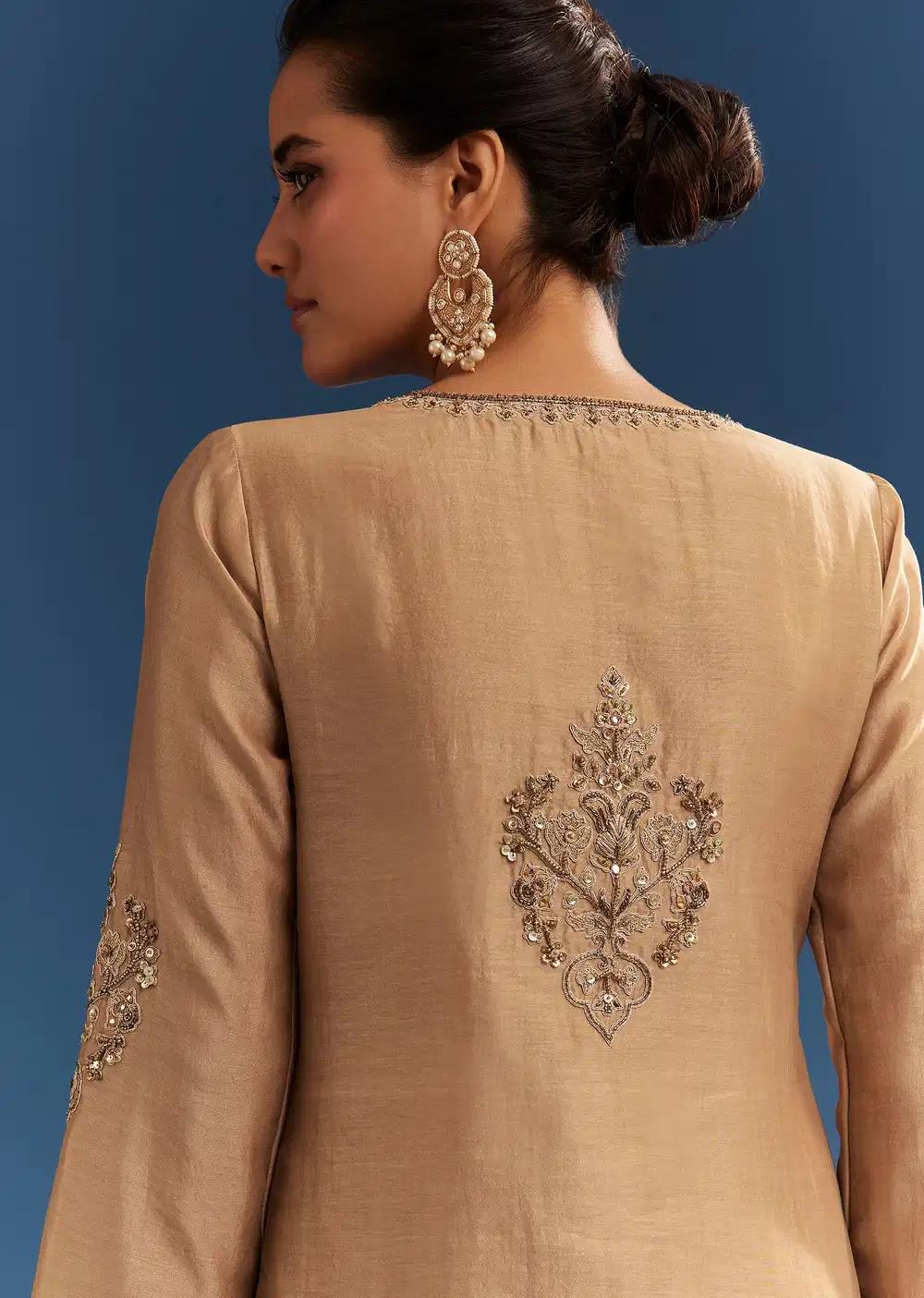 Brown Chanderi Embroidered Kurta Ensemble With Crepe Dhoti And Gotta Detailing Outfit