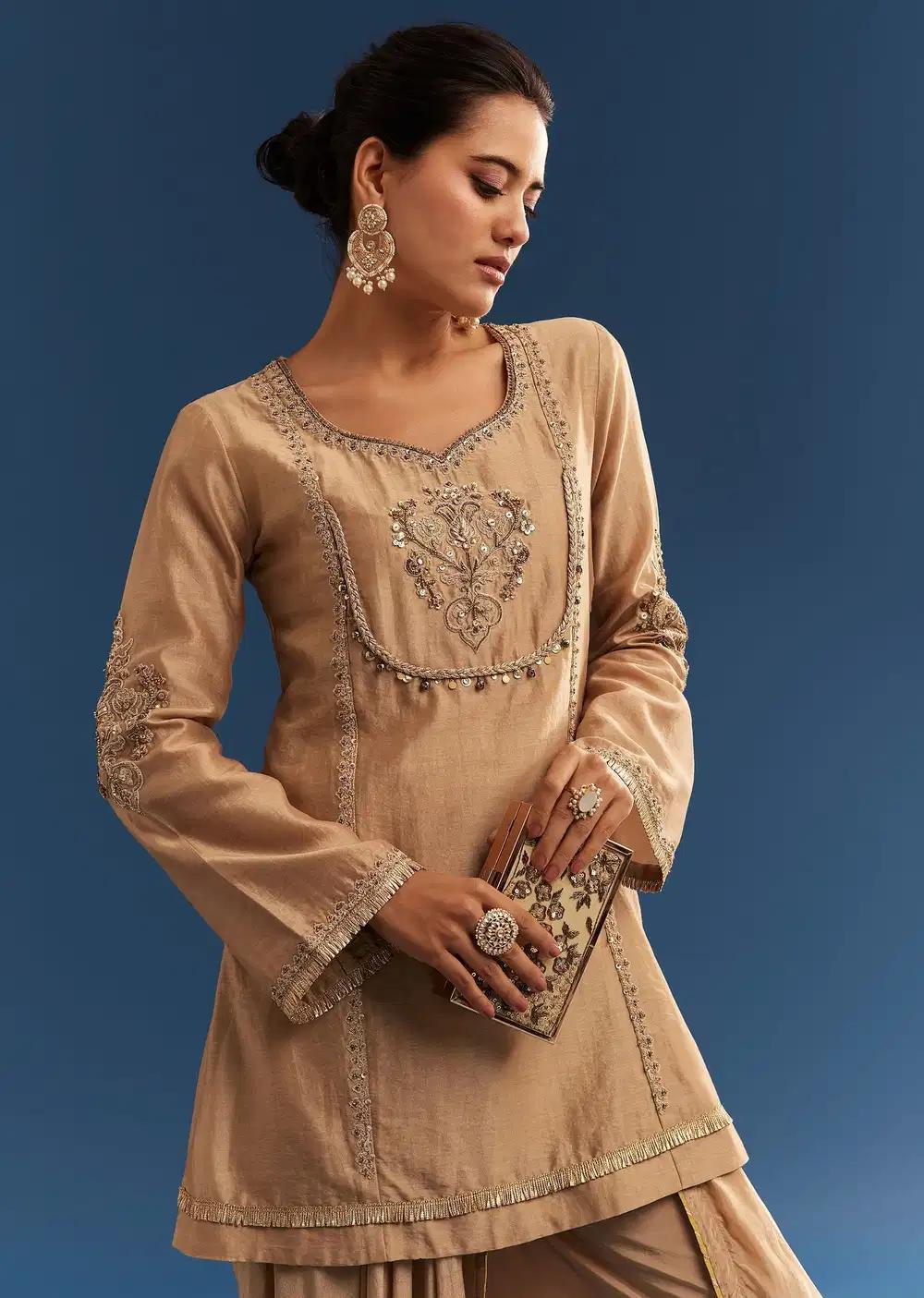 Brown Chanderi Embroidered Kurta Ensemble With Crepe Dhoti And Gotta Detailing Outfit