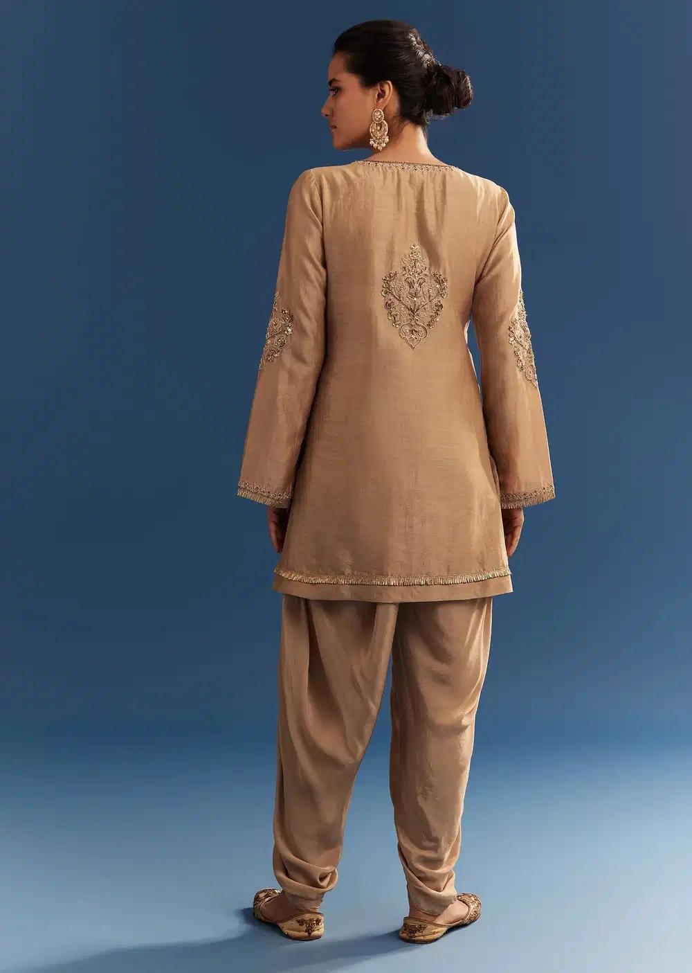 Brown Chanderi Embroidered Kurta Ensemble With Crepe Dhoti And Gotta Detailing Outfit