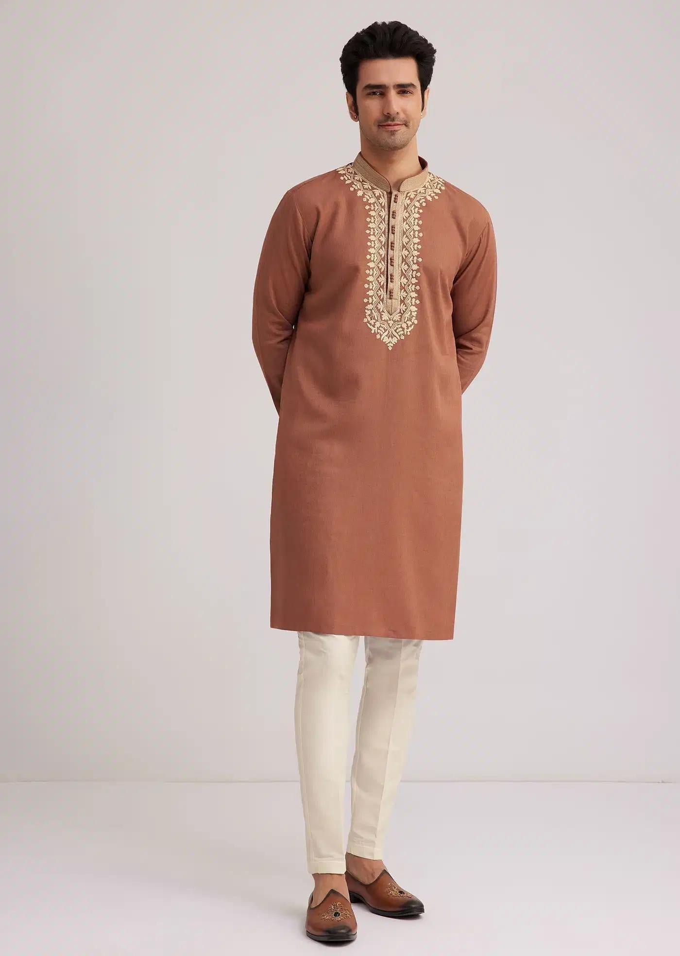 Brown Cotton Kurta Set With Embroidered Yoke And Sleeve Cuffs Elegant Designer Kurta Sets