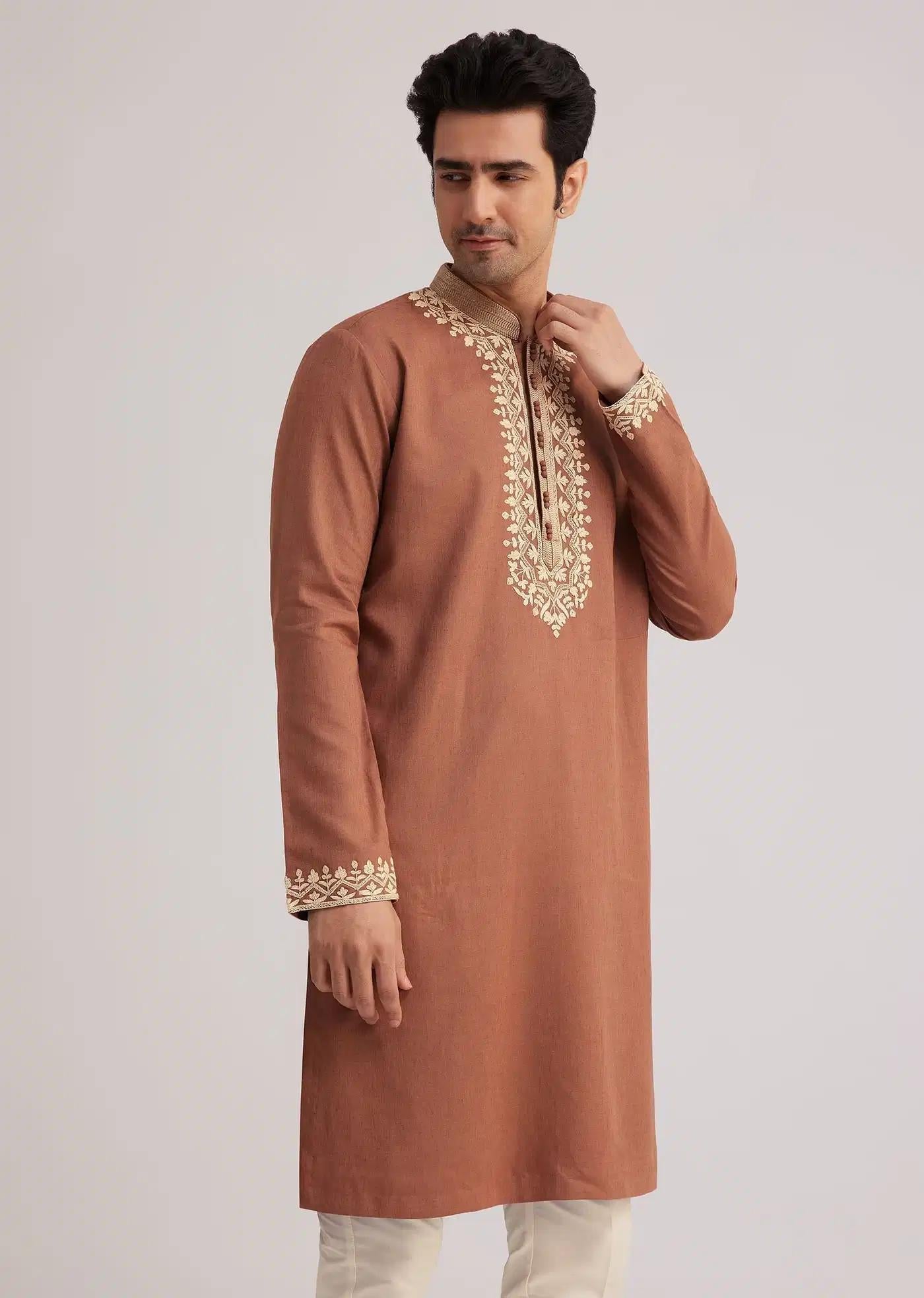 Brown Cotton Kurta Set With Embroidered Yoke And Sleeve Cuffs Elegant Designer Kurta Sets