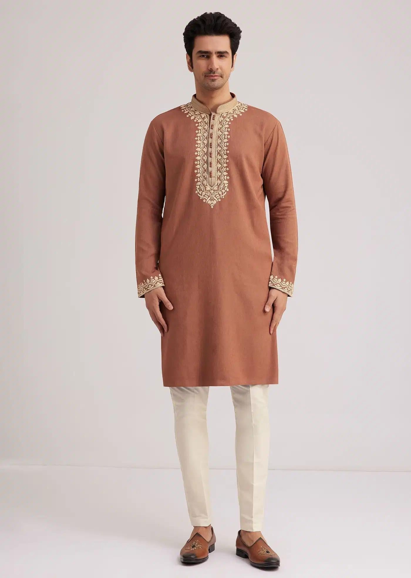 Brown Cotton Kurta Set With Embroidered Yoke And Sleeve Cuffs Elegant Designer Kurta Sets