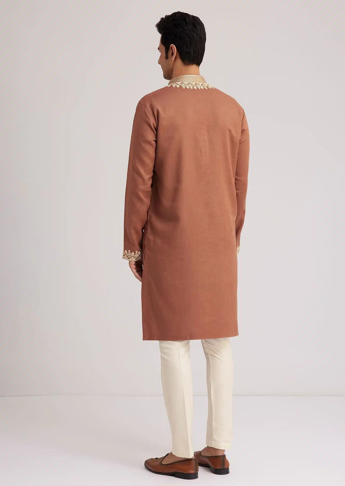 Brown Cotton Kurta Set With Embroidered Yoke And Sleeve Cuffs Elegant Designer Kurta Sets