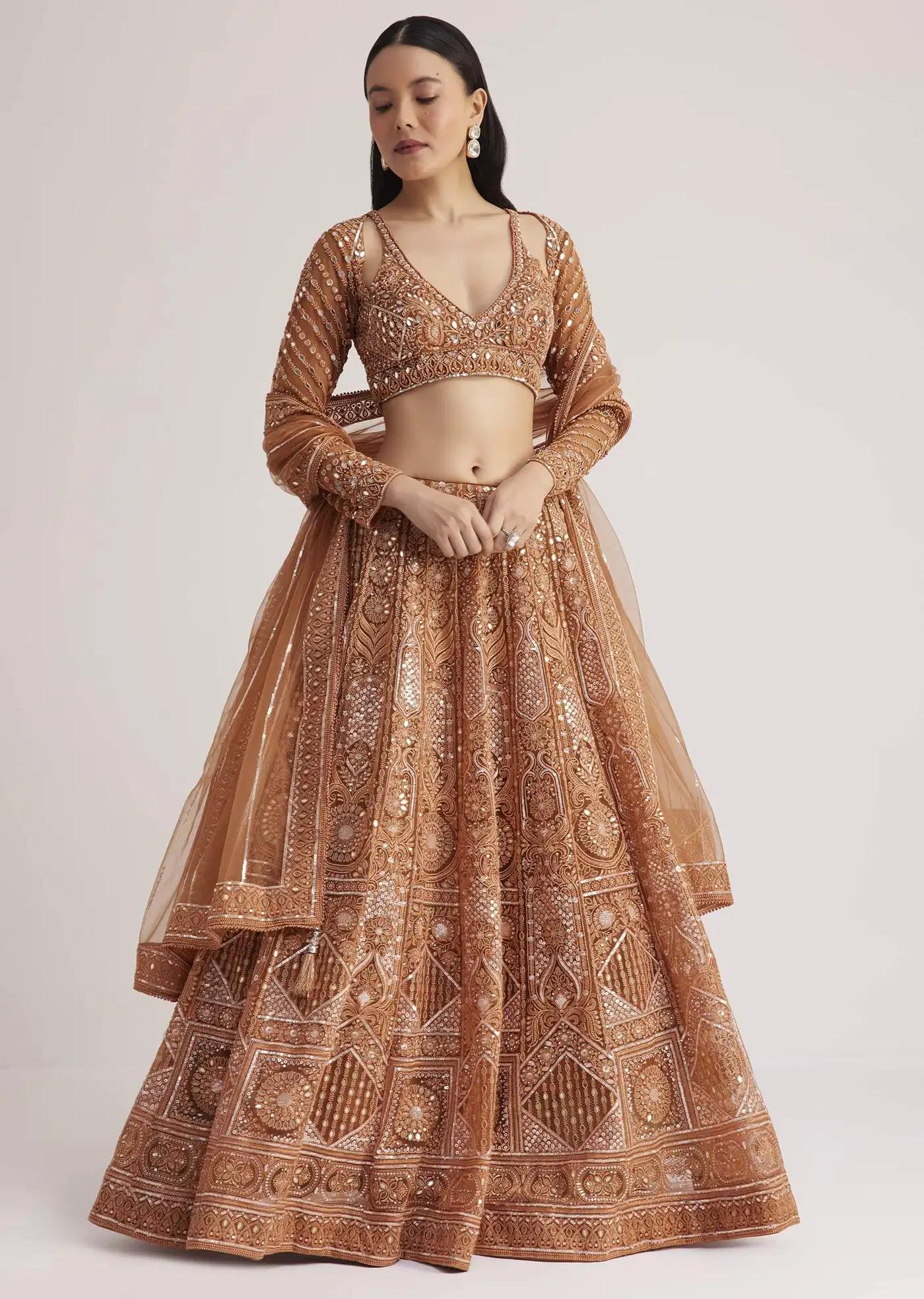 Brown Embellished Lehenga Skirt Ensemble Featuring Detailed Embroidery