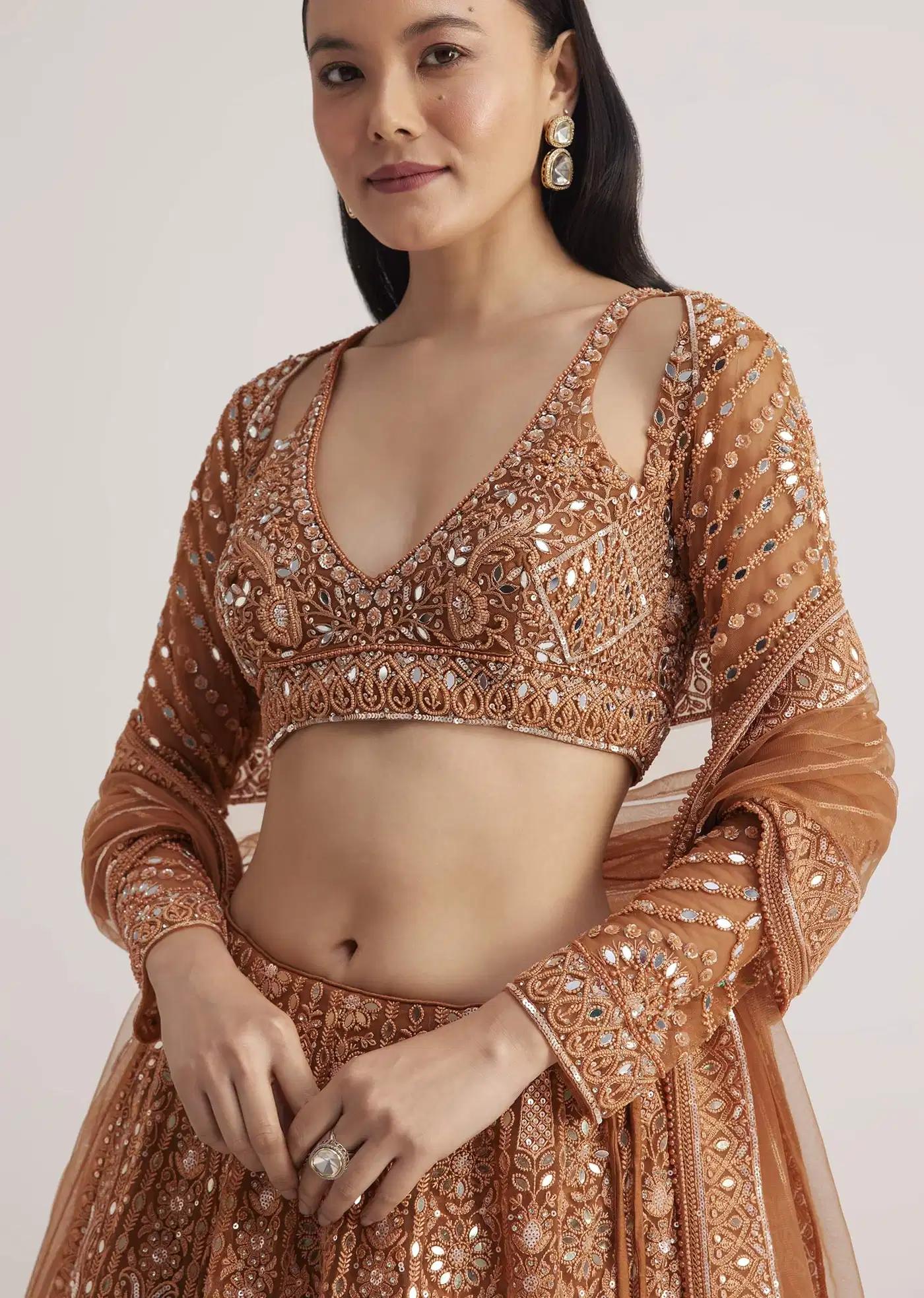 Brown Embellished Lehenga Skirt Ensemble Featuring Detailed Embroidery