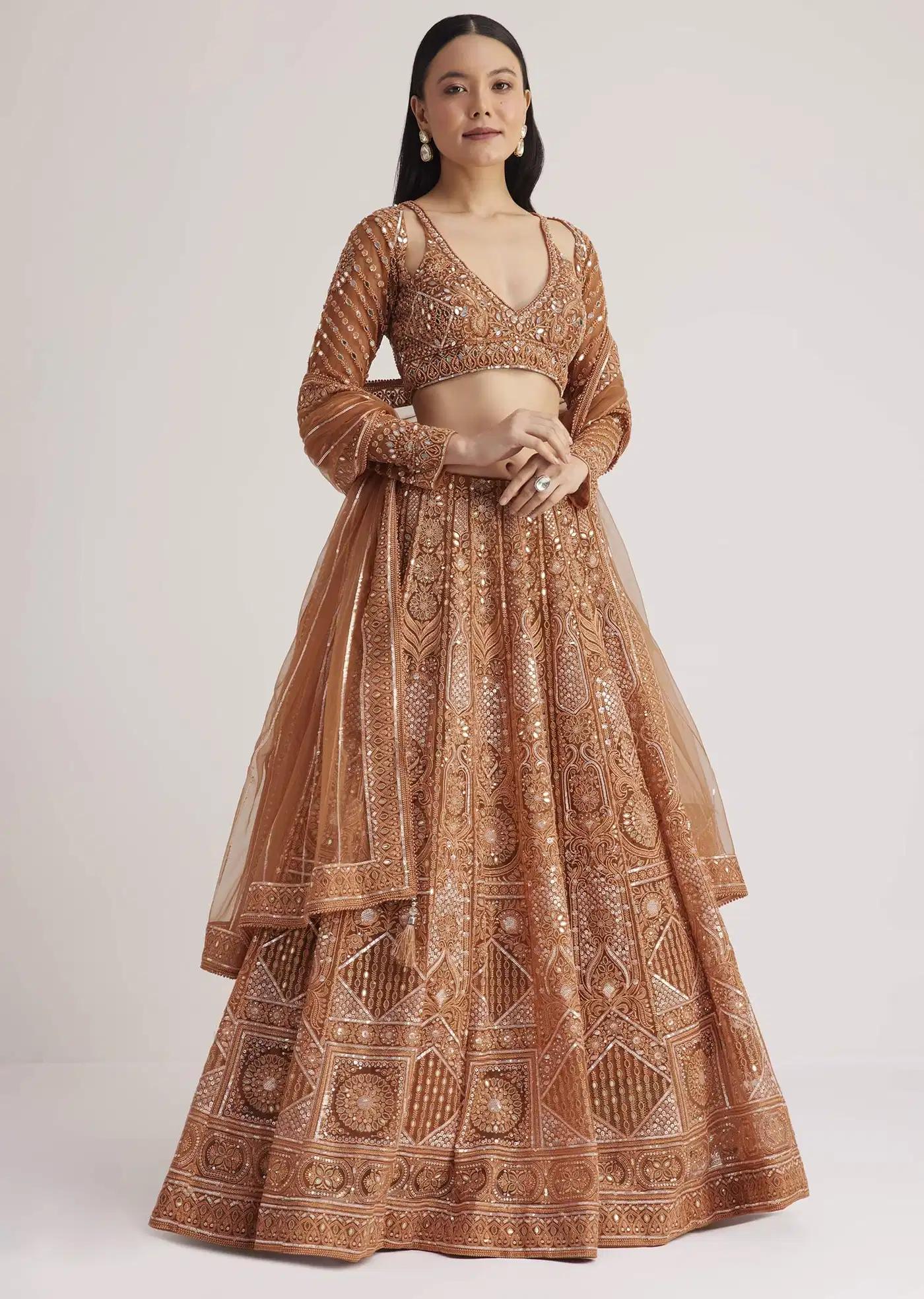 Brown Embellished Lehenga Skirt Ensemble Featuring Detailed Embroidery