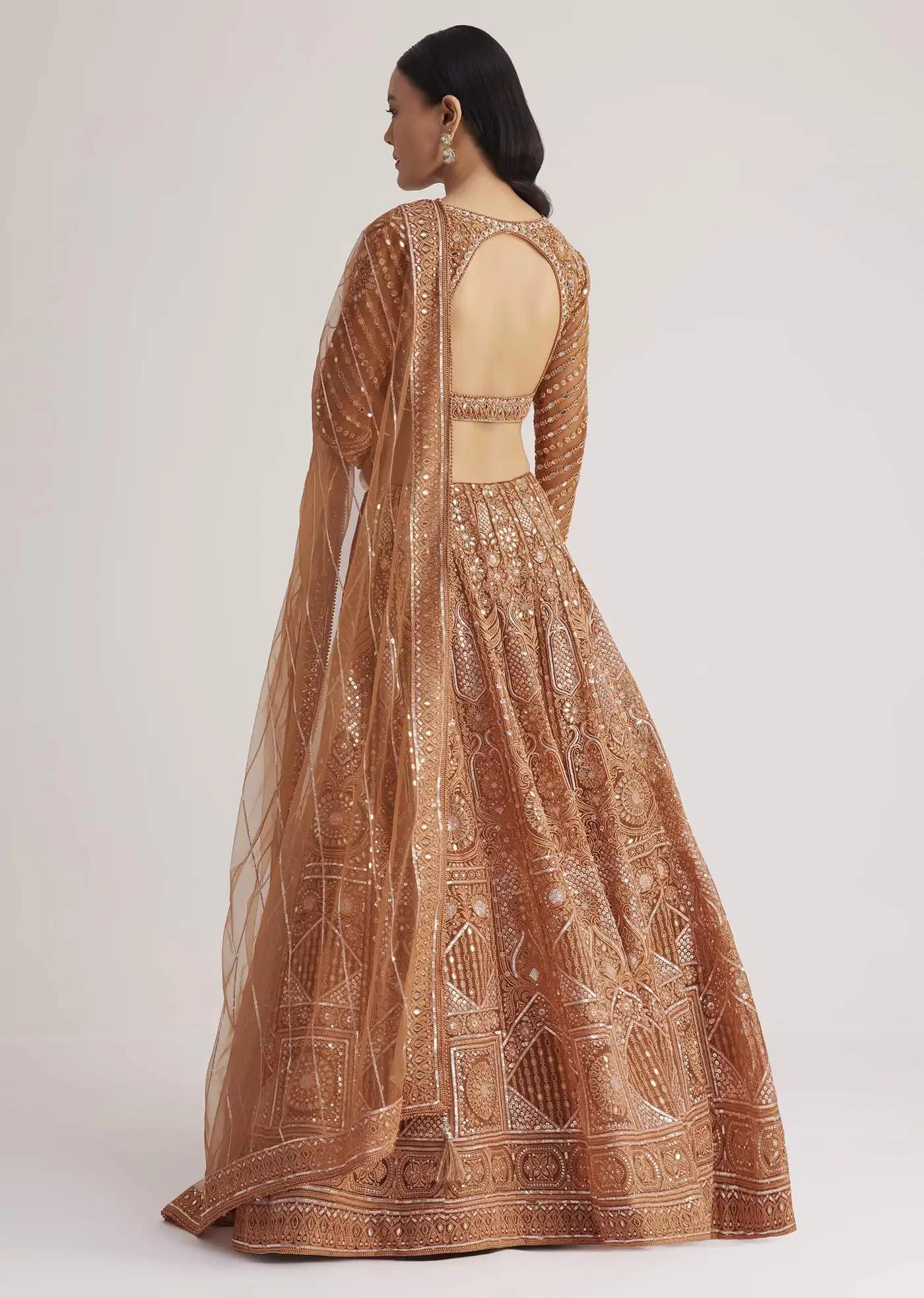 Brown Embellished Lehenga Skirt Ensemble Featuring Detailed Embroidery