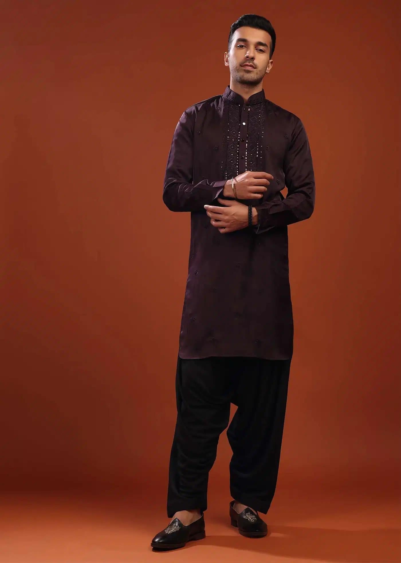 Burgundy Purple Festive Kurta In Mini Silk With Lucknowi Embroidery Elegant Designer Kurta Sets