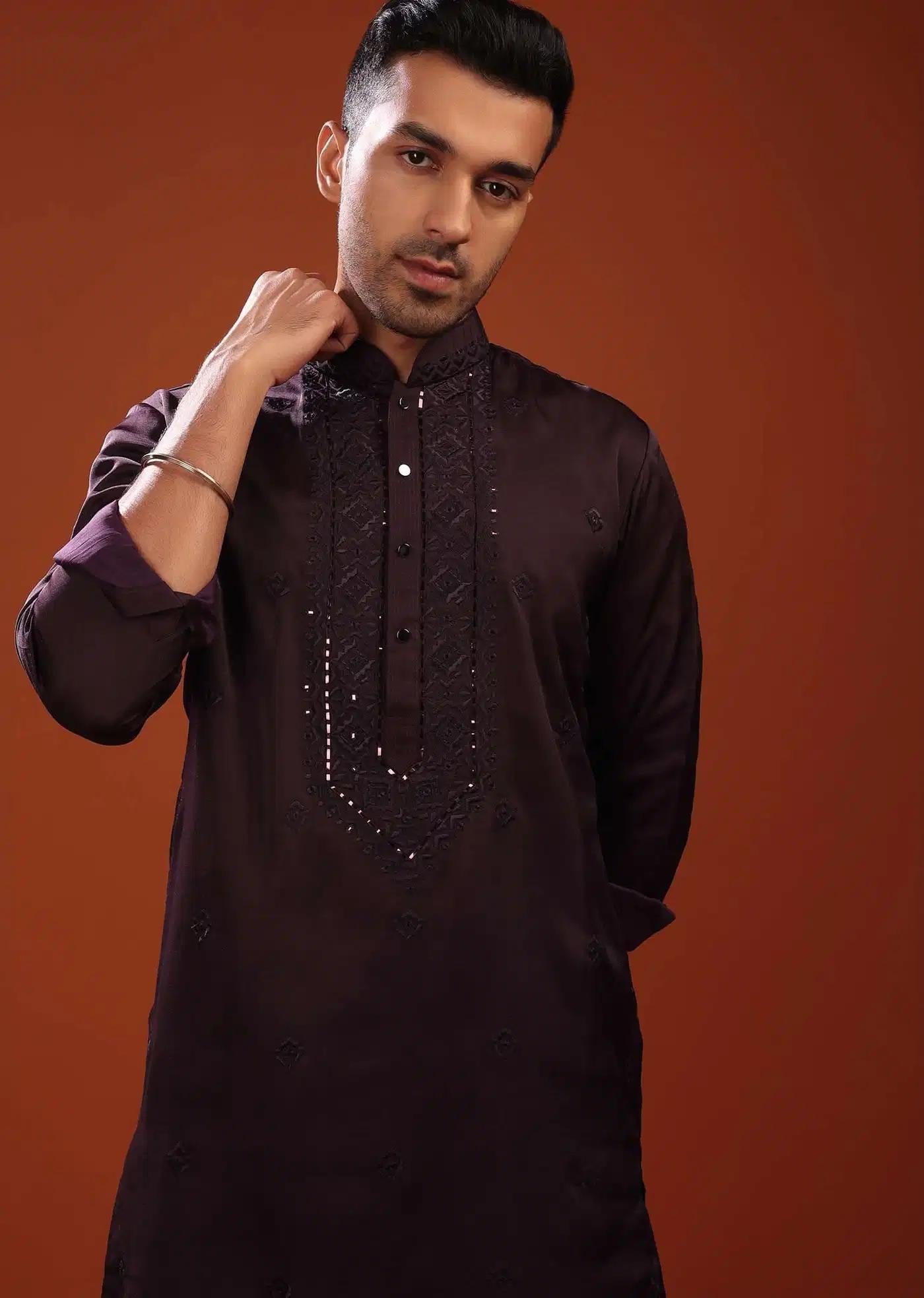 Burgundy Purple Festive Kurta In Mini Silk With Lucknowi Embroidery Elegant Designer Kurta Sets