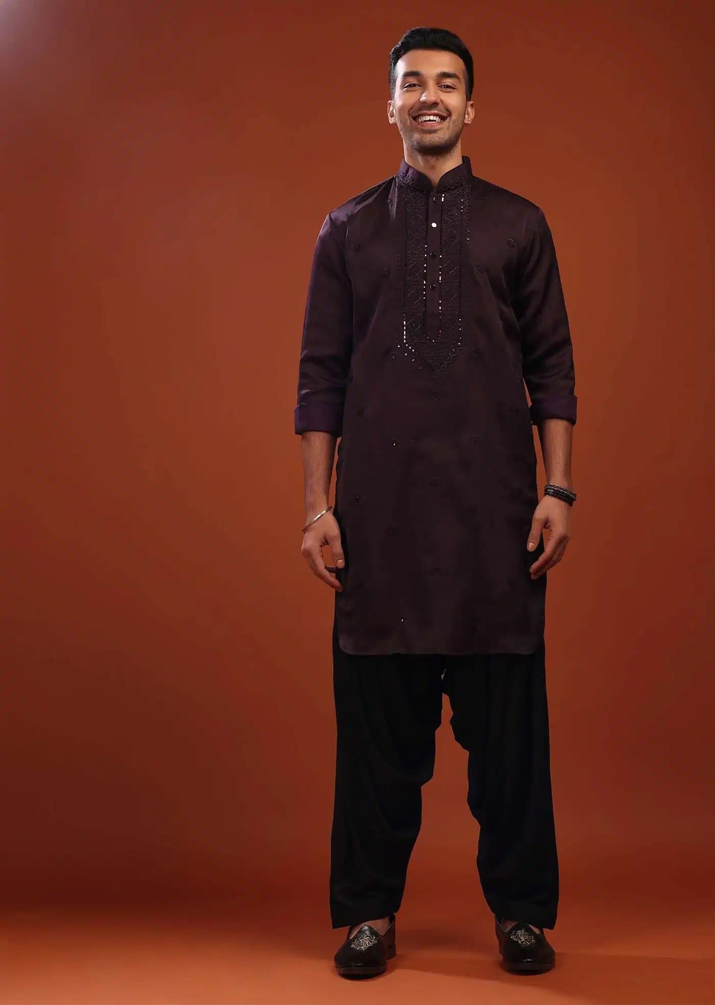 Burgundy Purple Festive Kurta In Mini Silk With Lucknowi Embroidery Elegant Designer Kurta Sets