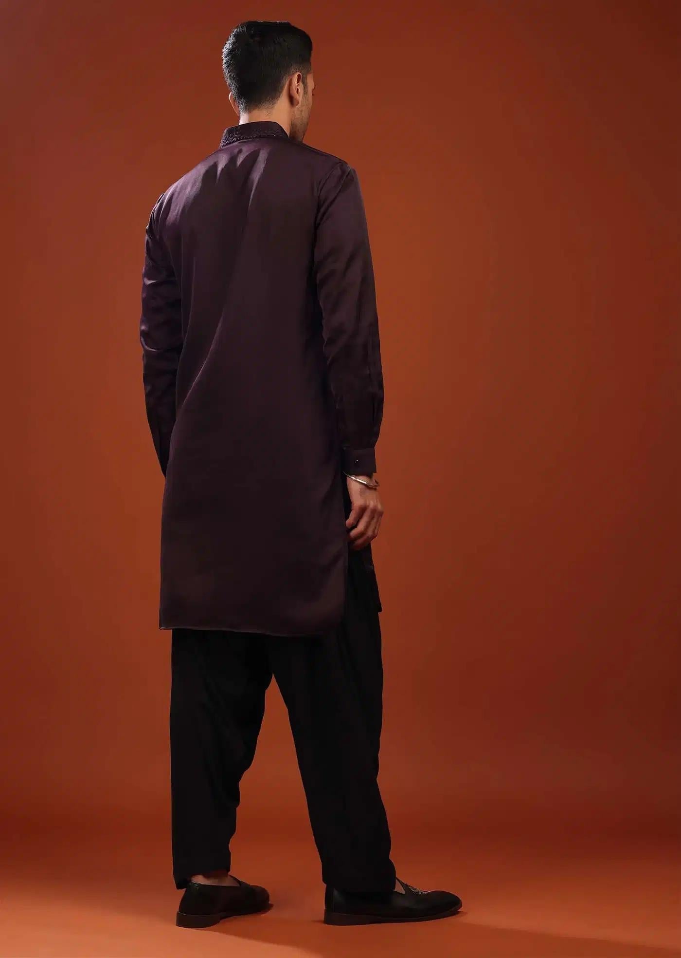 Burgundy Purple Festive Kurta In Mini Silk With Lucknowi Embroidery Elegant Designer Kurta Sets