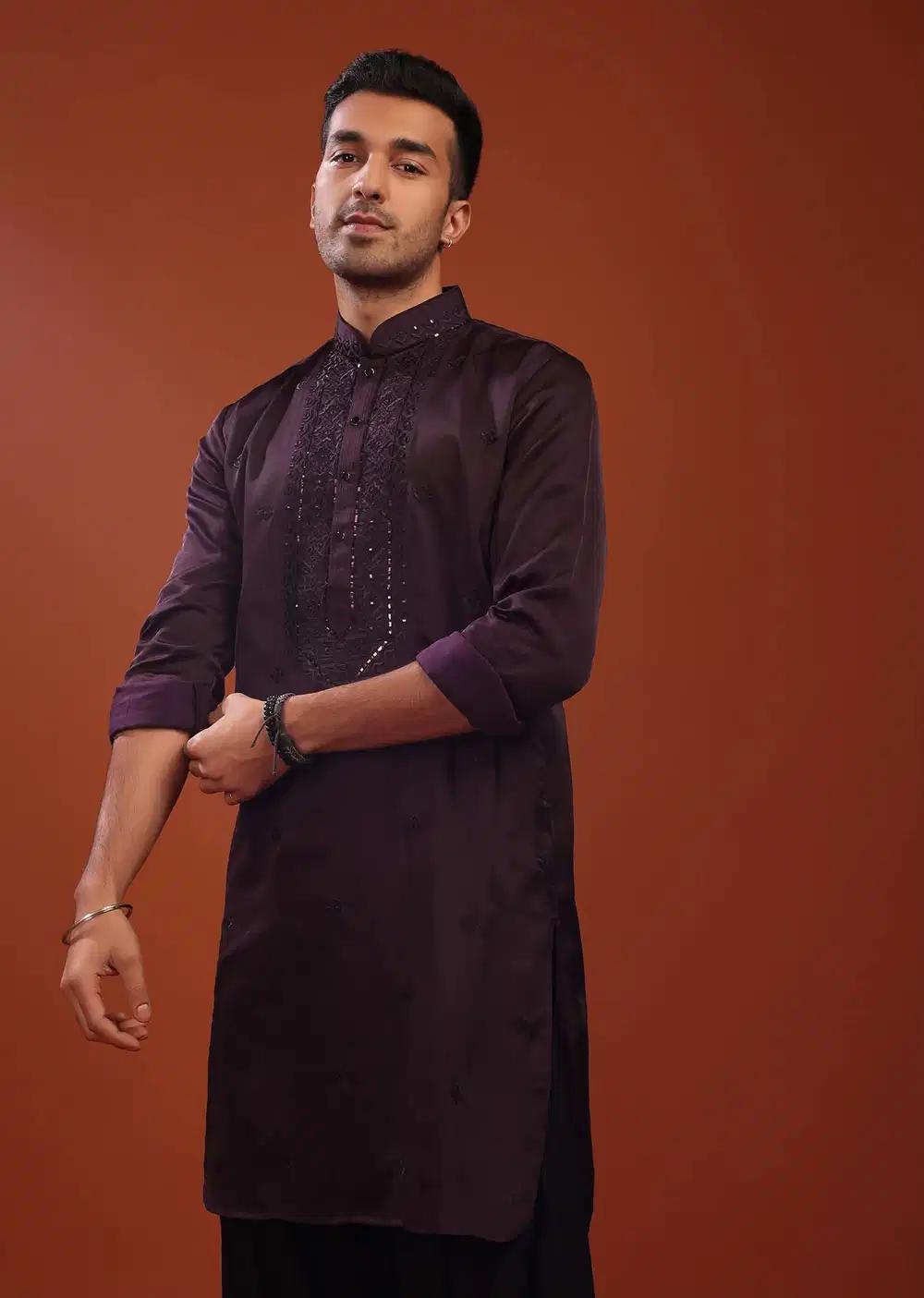 Burgundy Purple Festive Kurta In Mini Silk With Lucknowi Embroidery Elegant Designer Kurta Sets