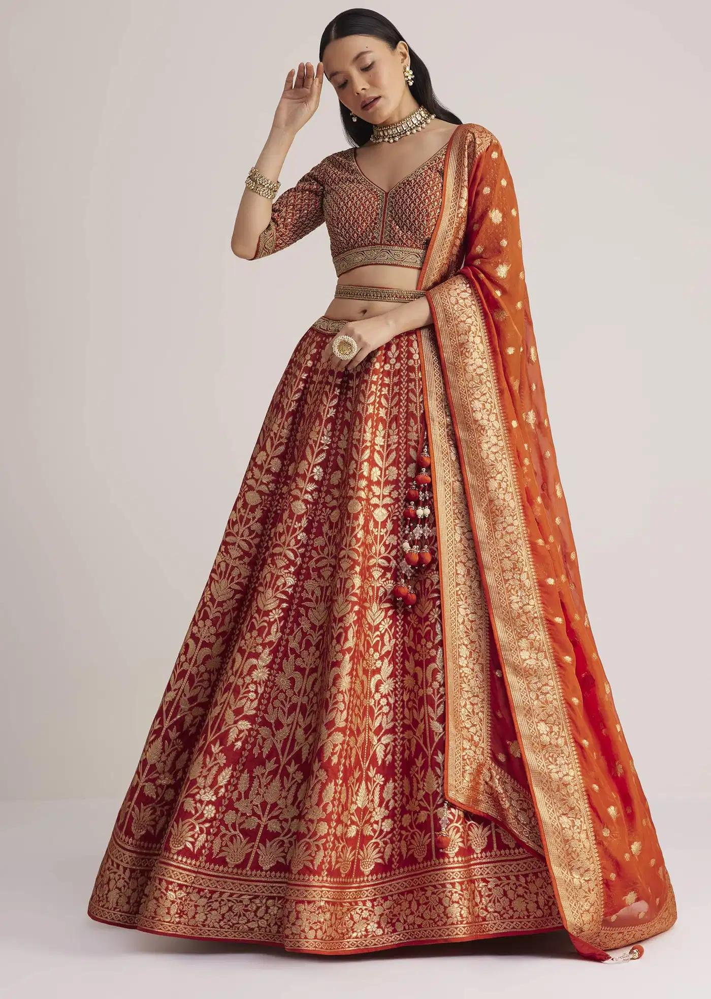 Burnt Orange Brocade Handcrafted Lehenga Skirt Ensemble