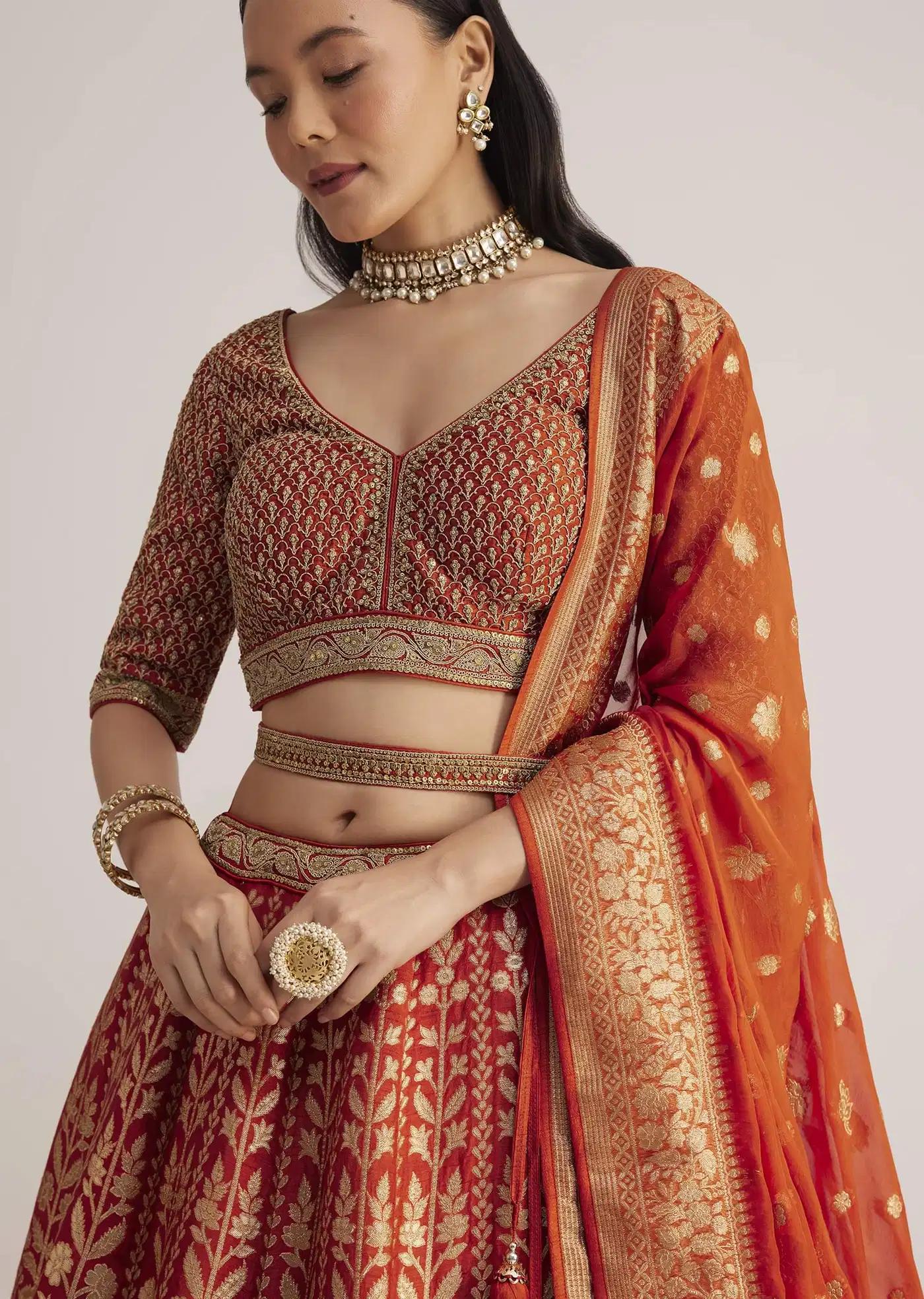 Burnt Orange Brocade Handcrafted Lehenga Skirt Ensemble