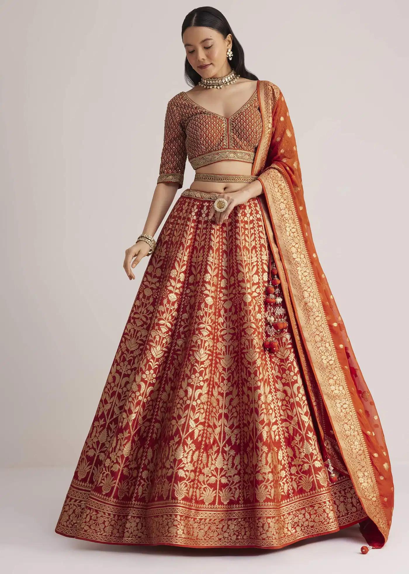 Burnt Orange Brocade Handcrafted Lehenga Skirt Ensemble