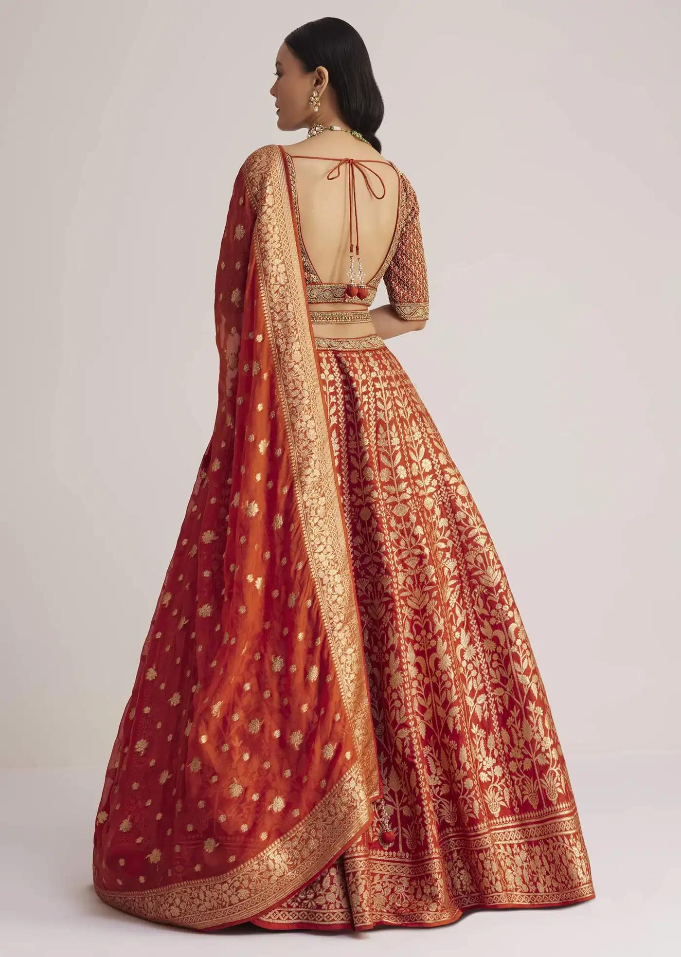 Burnt Orange Brocade Handcrafted Lehenga Skirt Ensemble