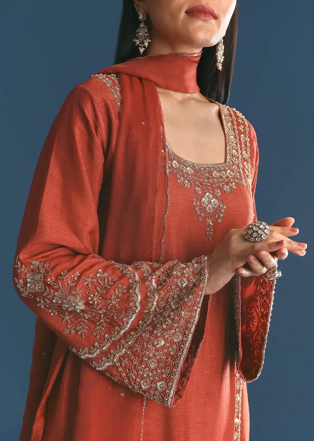 Burnt Orange Silk Sequin Beaded Kurta Ensemble With Dupatta Outfit