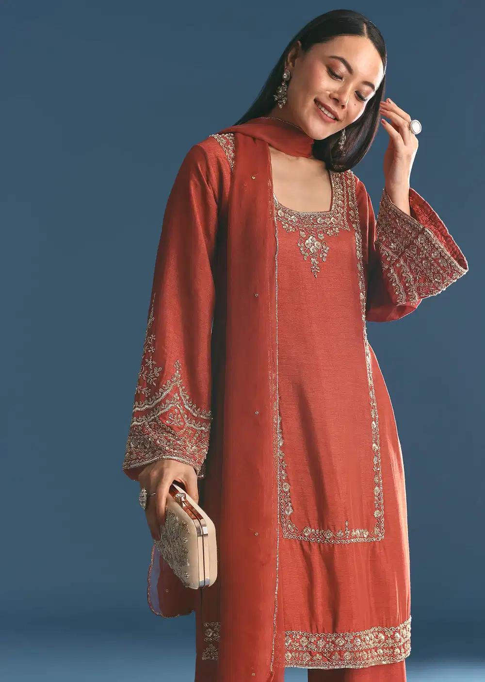 Burnt Orange Silk Sequin Beaded Kurta Ensemble With Dupatta Outfit