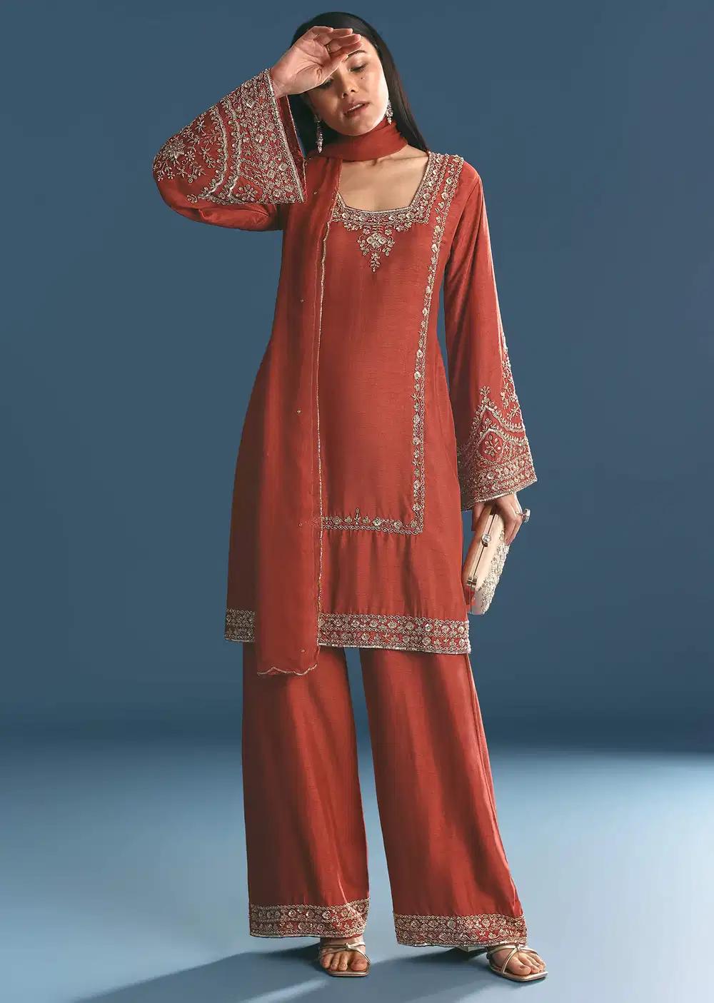 Burnt Orange Silk Sequin Beaded Kurta Ensemble With Dupatta Outfit