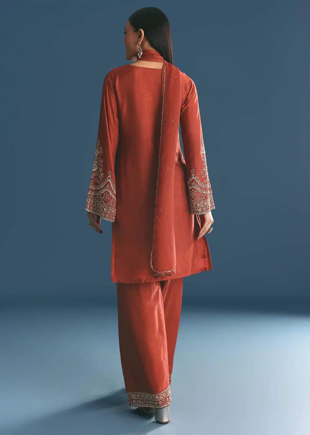 Burnt Orange Silk Sequin Beaded Kurta Ensemble With Dupatta Outfit