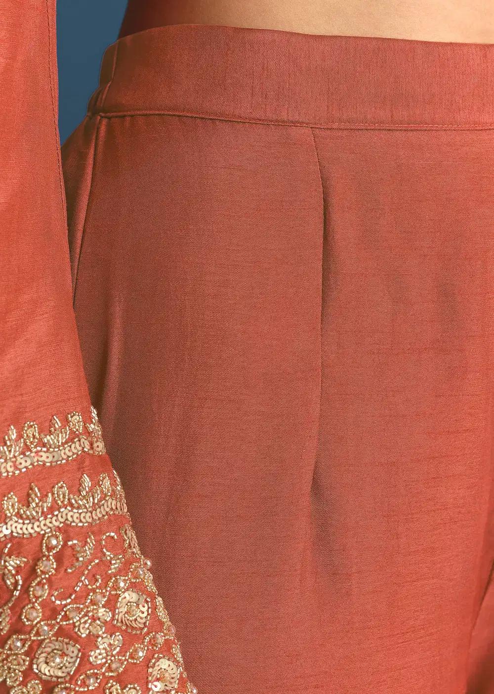 Burnt Orange Silk Sequin Beaded Kurta Ensemble With Dupatta Outfit