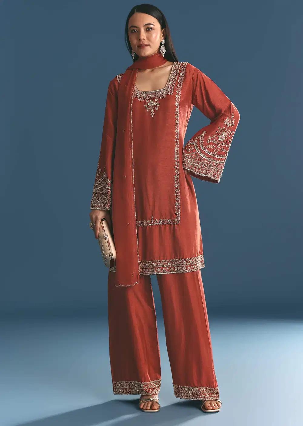 Burnt Orange Silk Sequin Beaded Kurta Ensemble With Dupatta Outfit