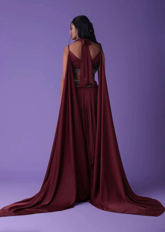 Burnt Russet Red Handcrafted Lehenga Skirt Ensemble In Satin