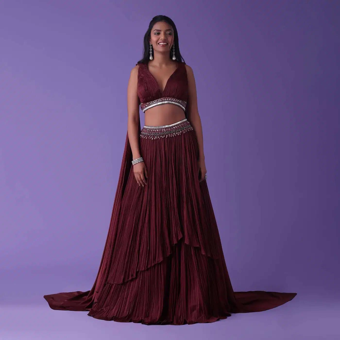Burnt Russet Red Handcrafted Lehenga Skirt Ensemble In Satin