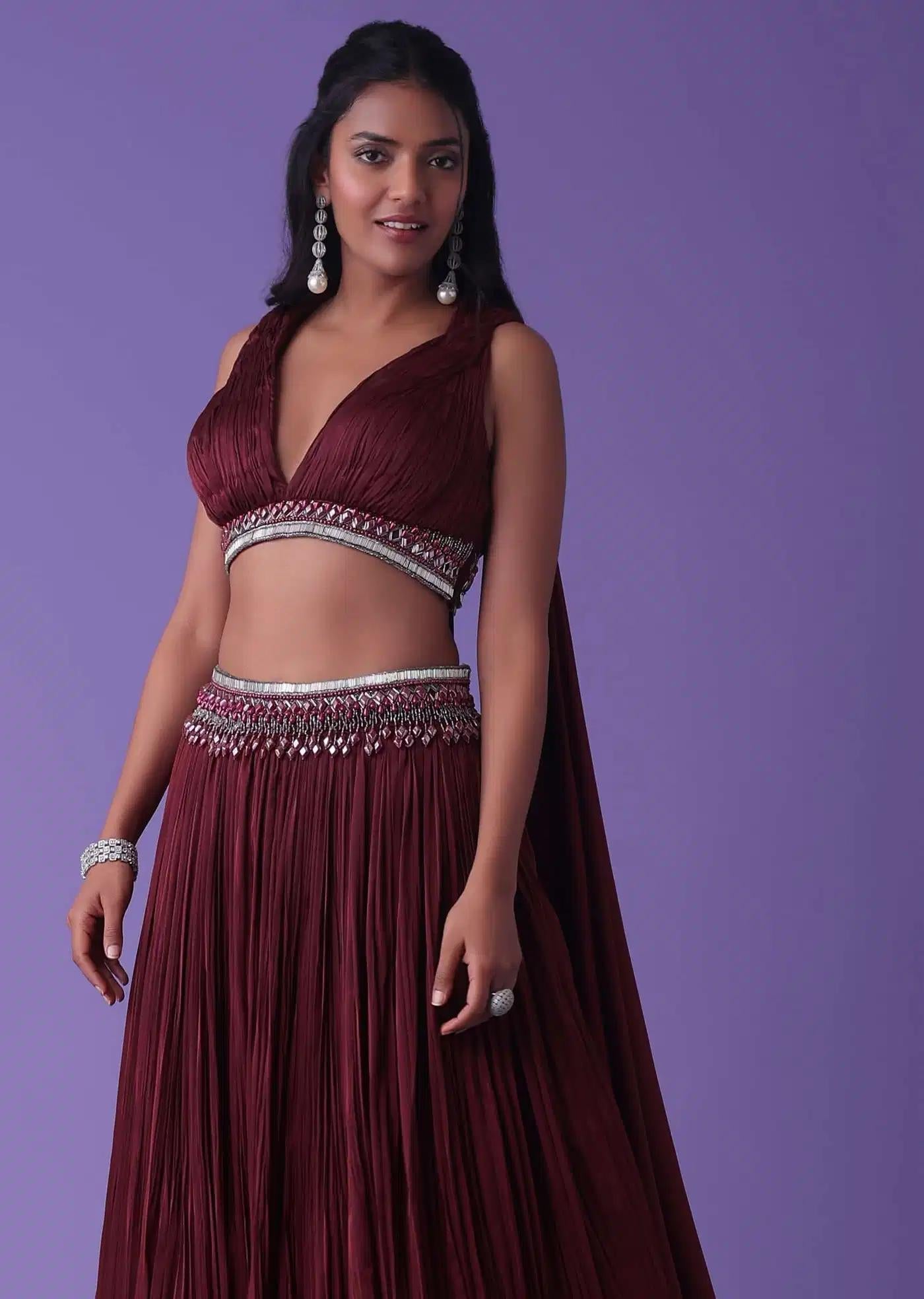 Burnt Russet Red Handcrafted Lehenga Skirt Ensemble In Satin