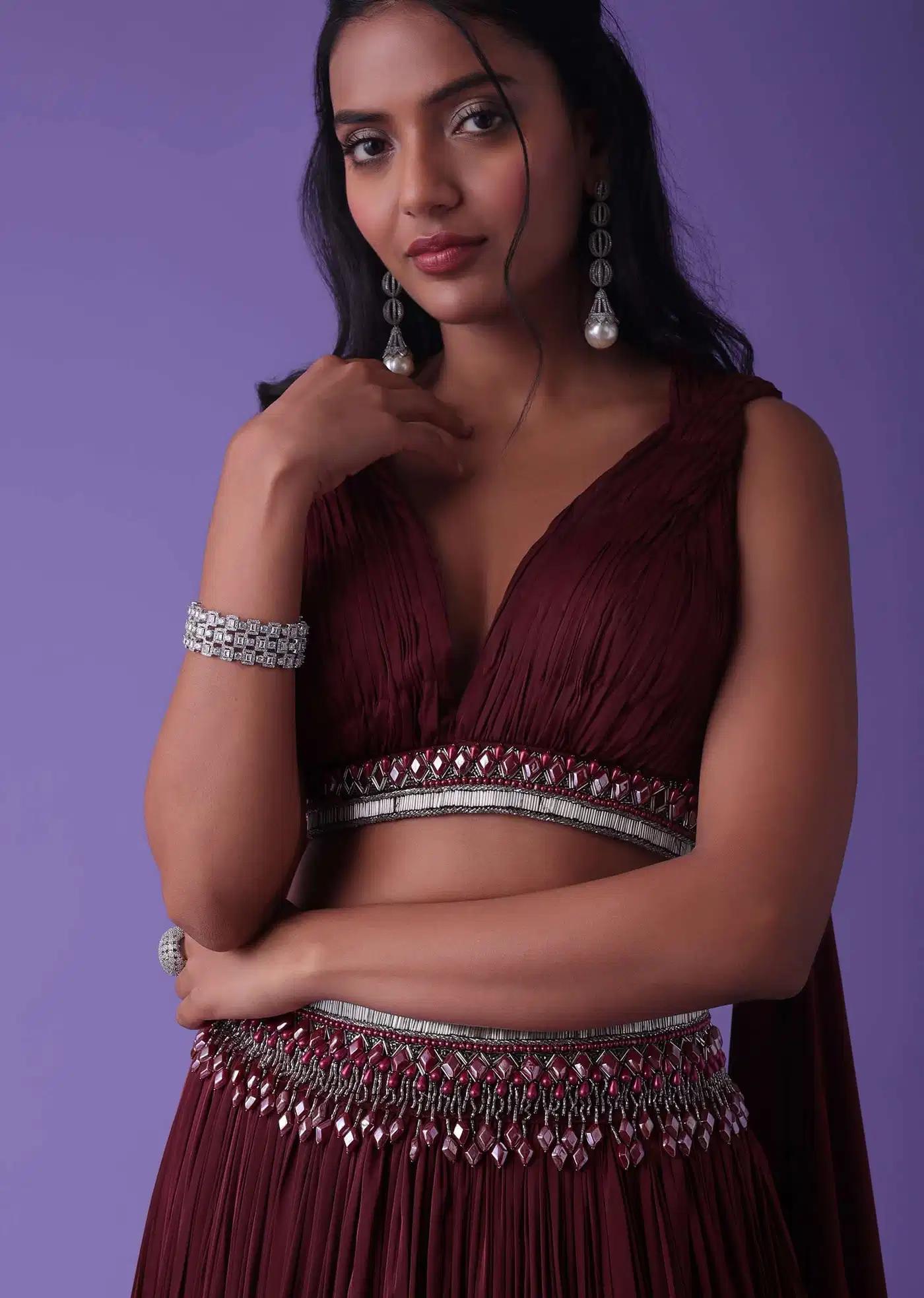 Burnt Russet Red Handcrafted Lehenga Skirt Ensemble In Satin