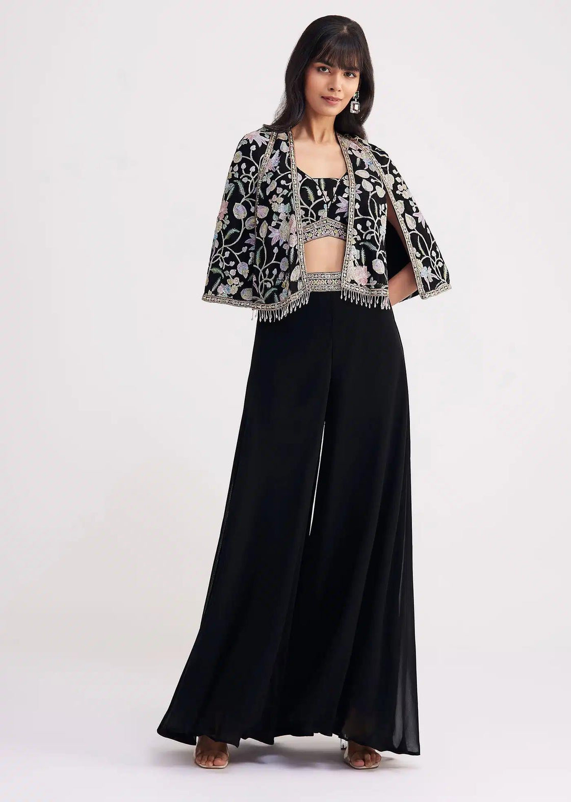 Cape Style Palazzo Set With Patch Sequin Work In Black