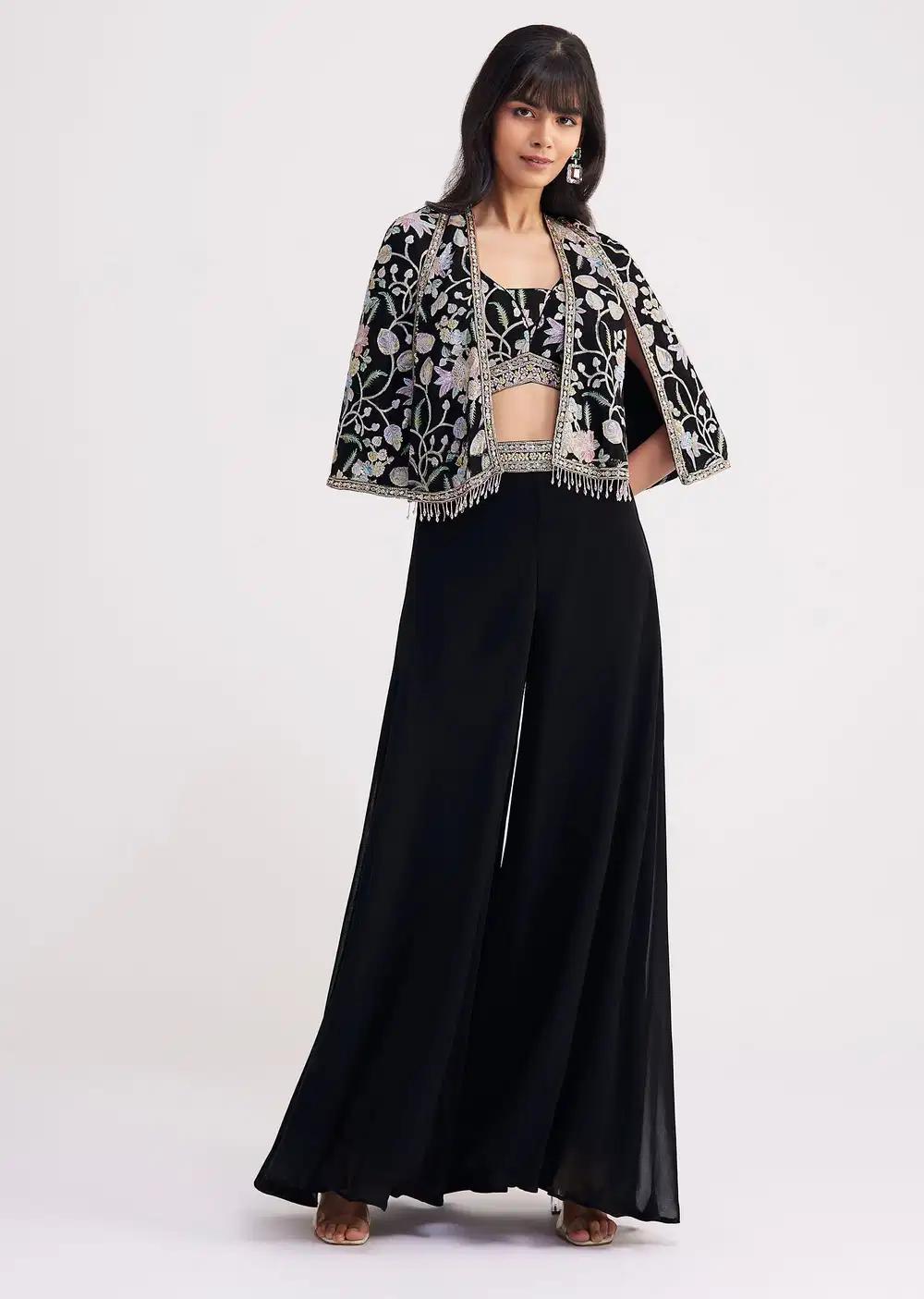 Cape Style Palazzo Set With Patch Sequin Work In Black