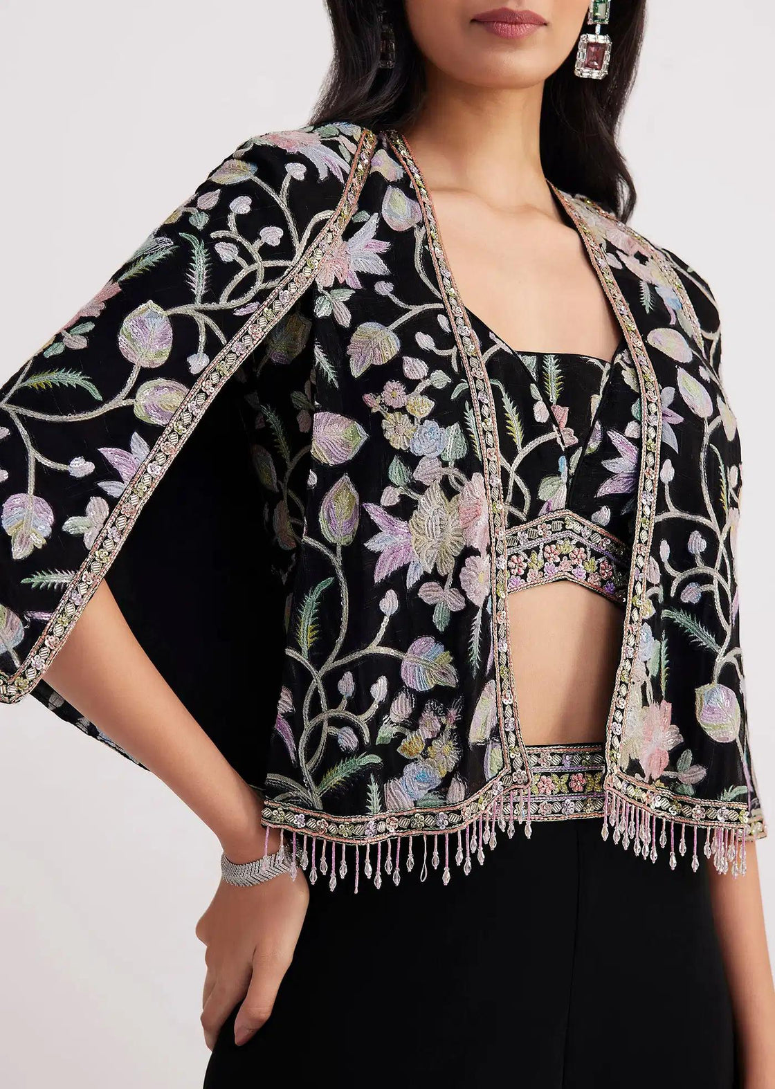 Cape Style Palazzo Set With Patch Sequin Work In Black