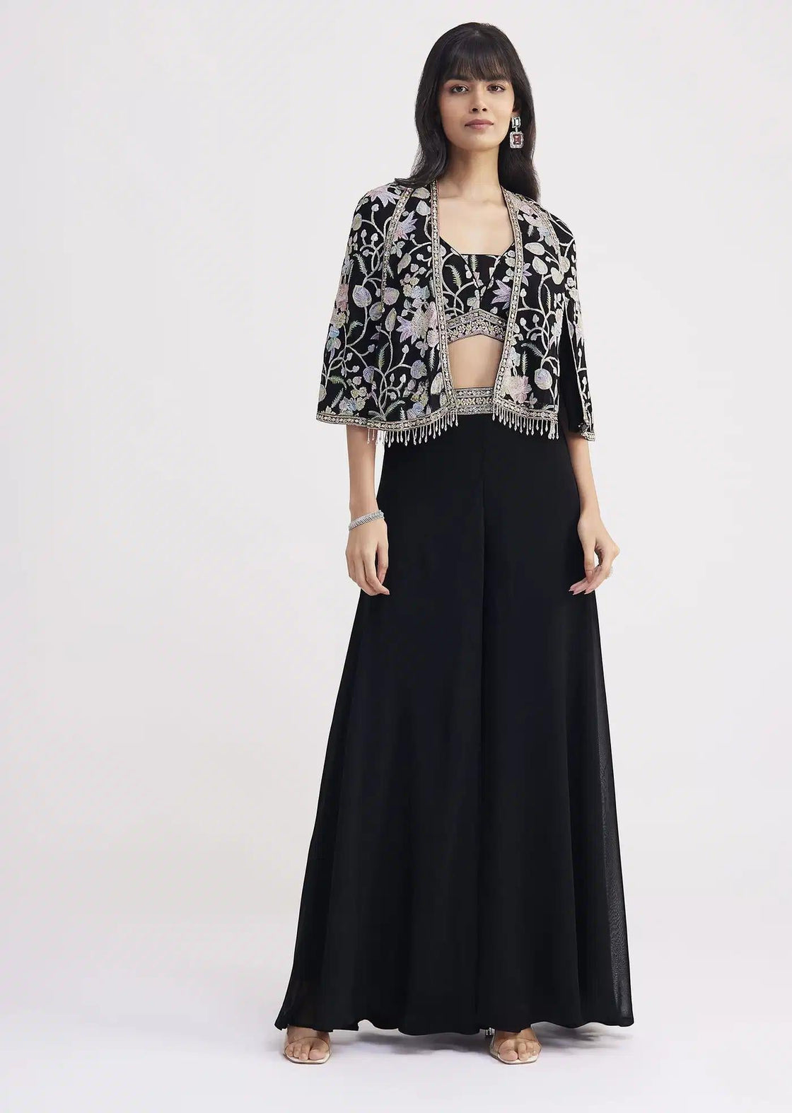 Cape Style Palazzo Set With Patch Sequin Work In Black