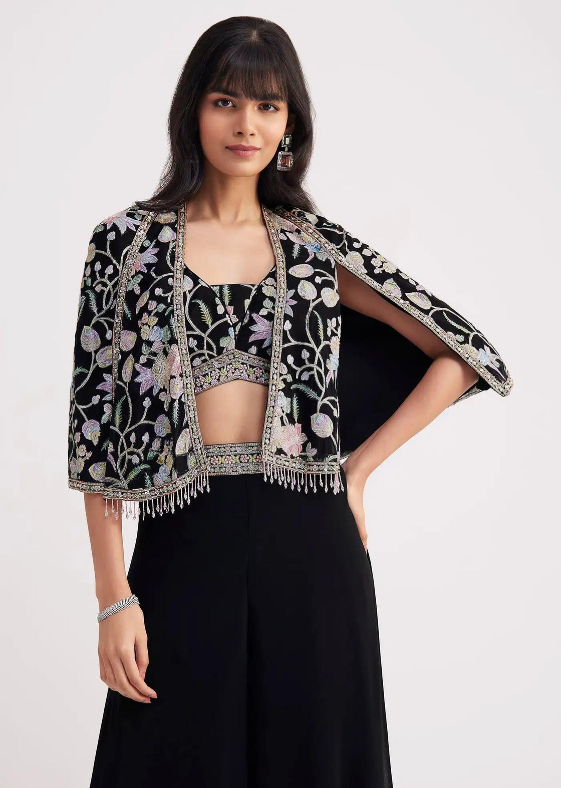 Cape Style Palazzo Set With Patch Sequin Work In Black