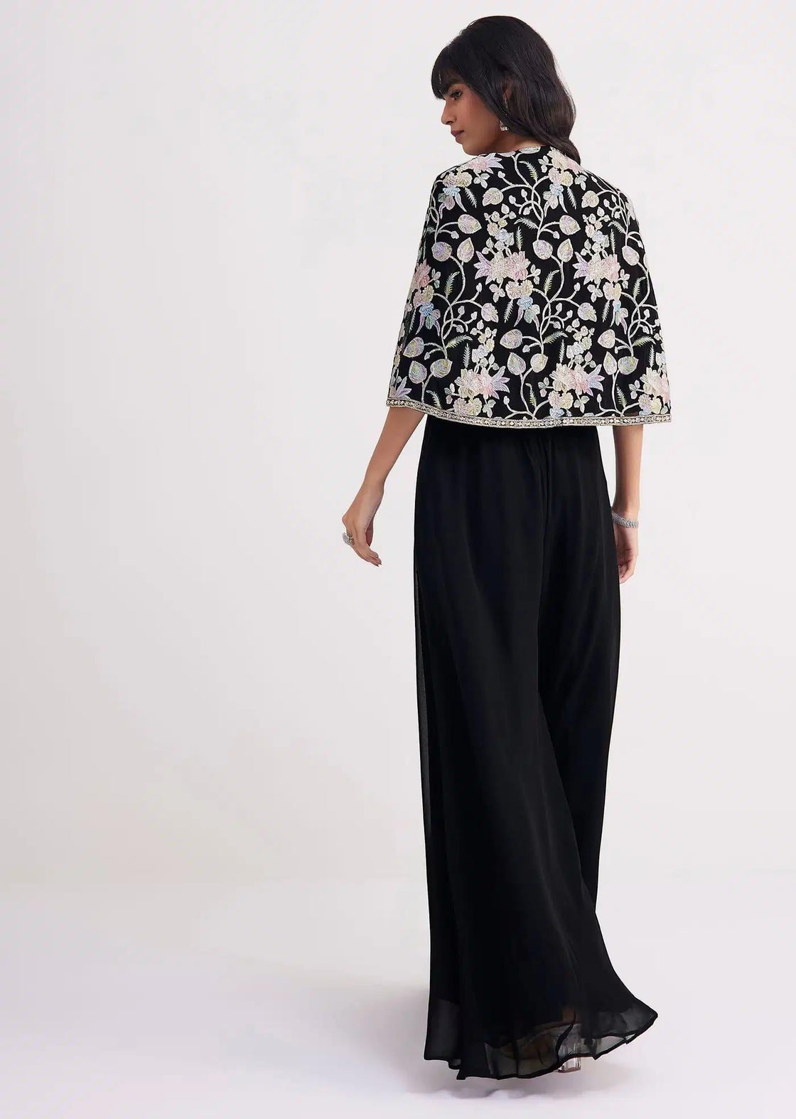 Cape Style Palazzo Set With Patch Sequin Work In Black