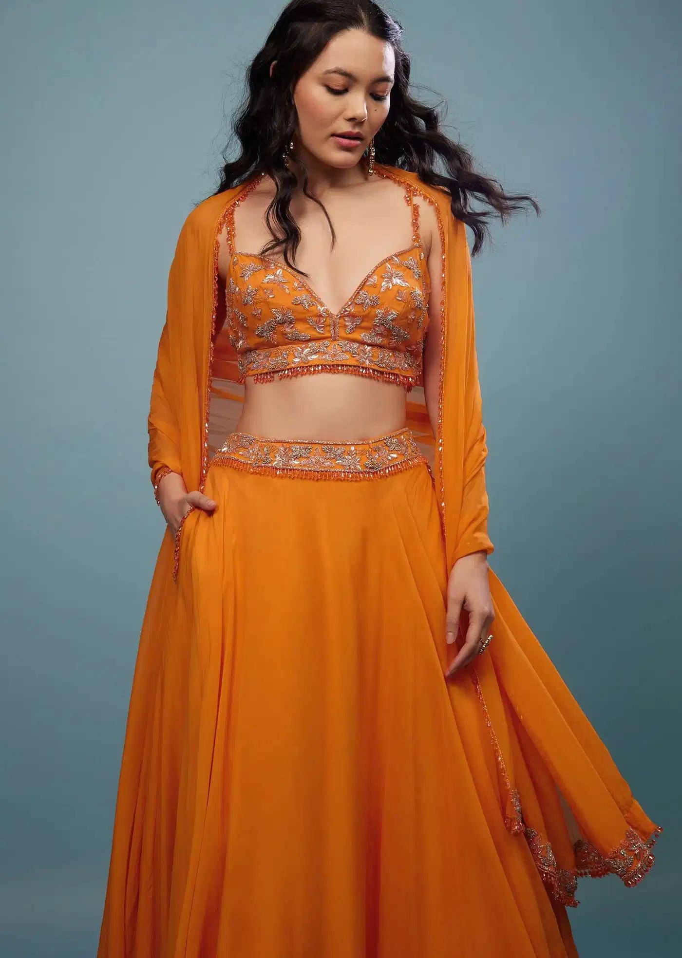Carrot Orange Handcrafted Lehenga Skirt Ensemble In Organza