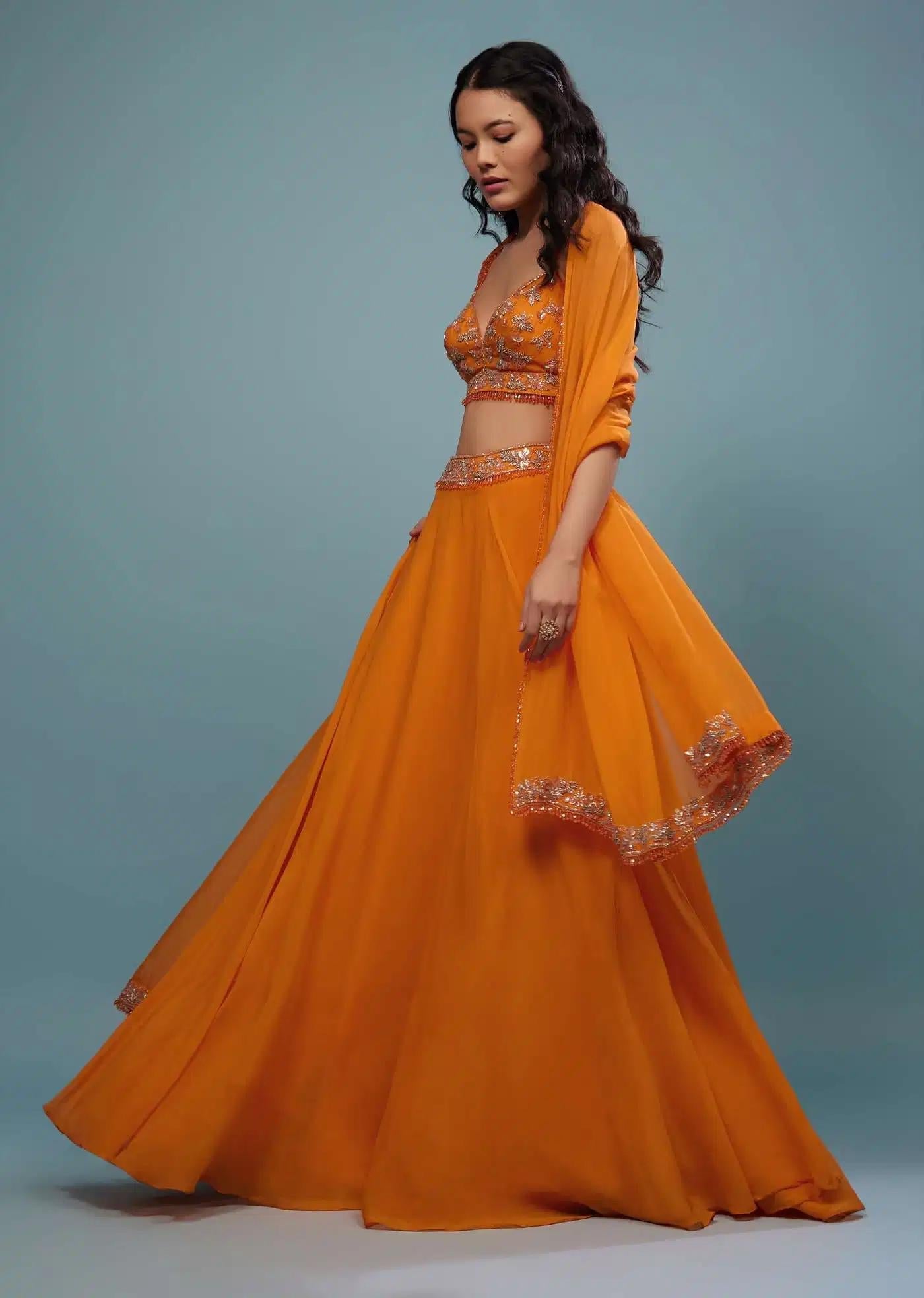 Carrot Orange Handcrafted Lehenga Skirt Ensemble In Organza