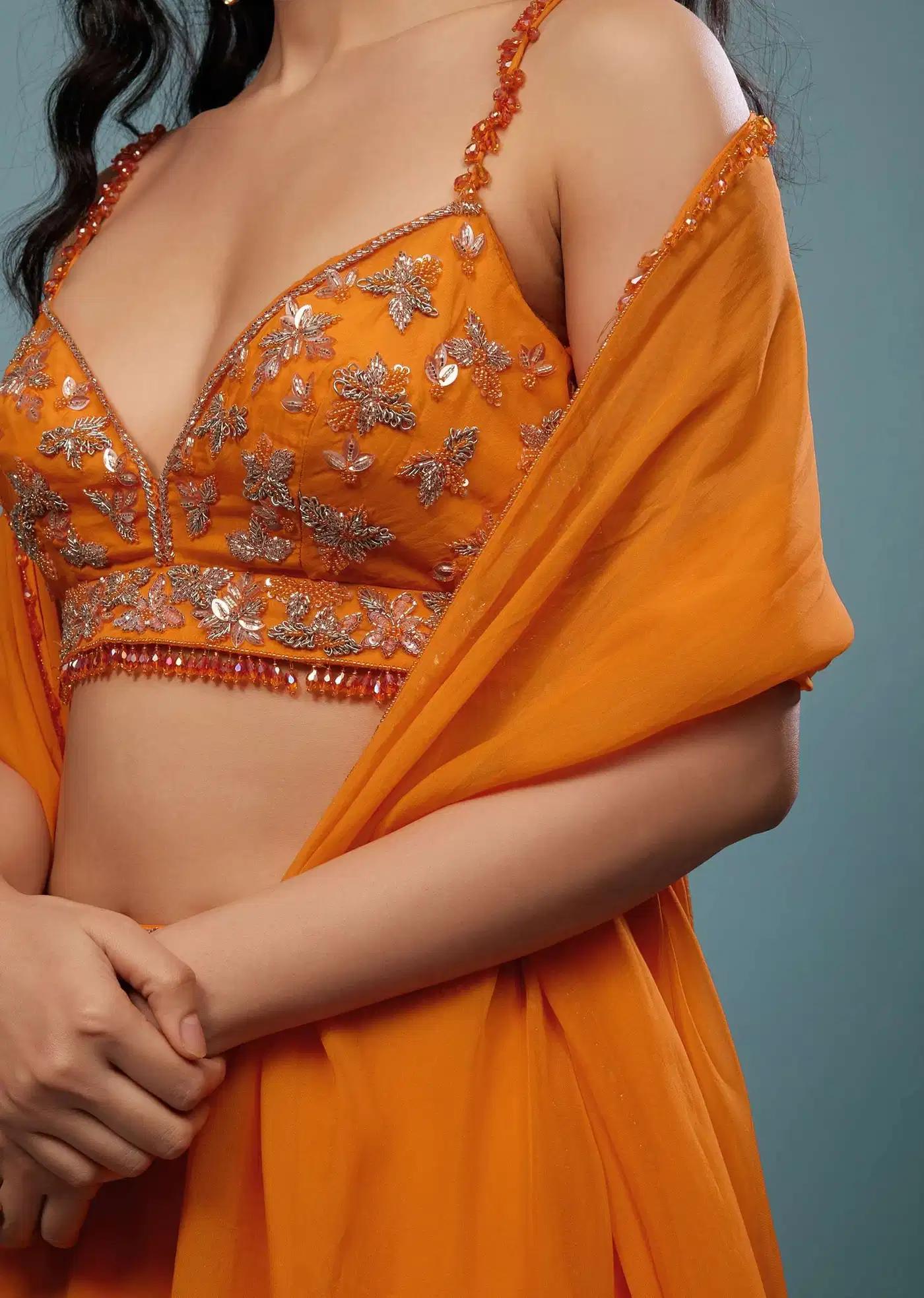 Carrot Orange Handcrafted Lehenga Skirt Ensemble In Organza