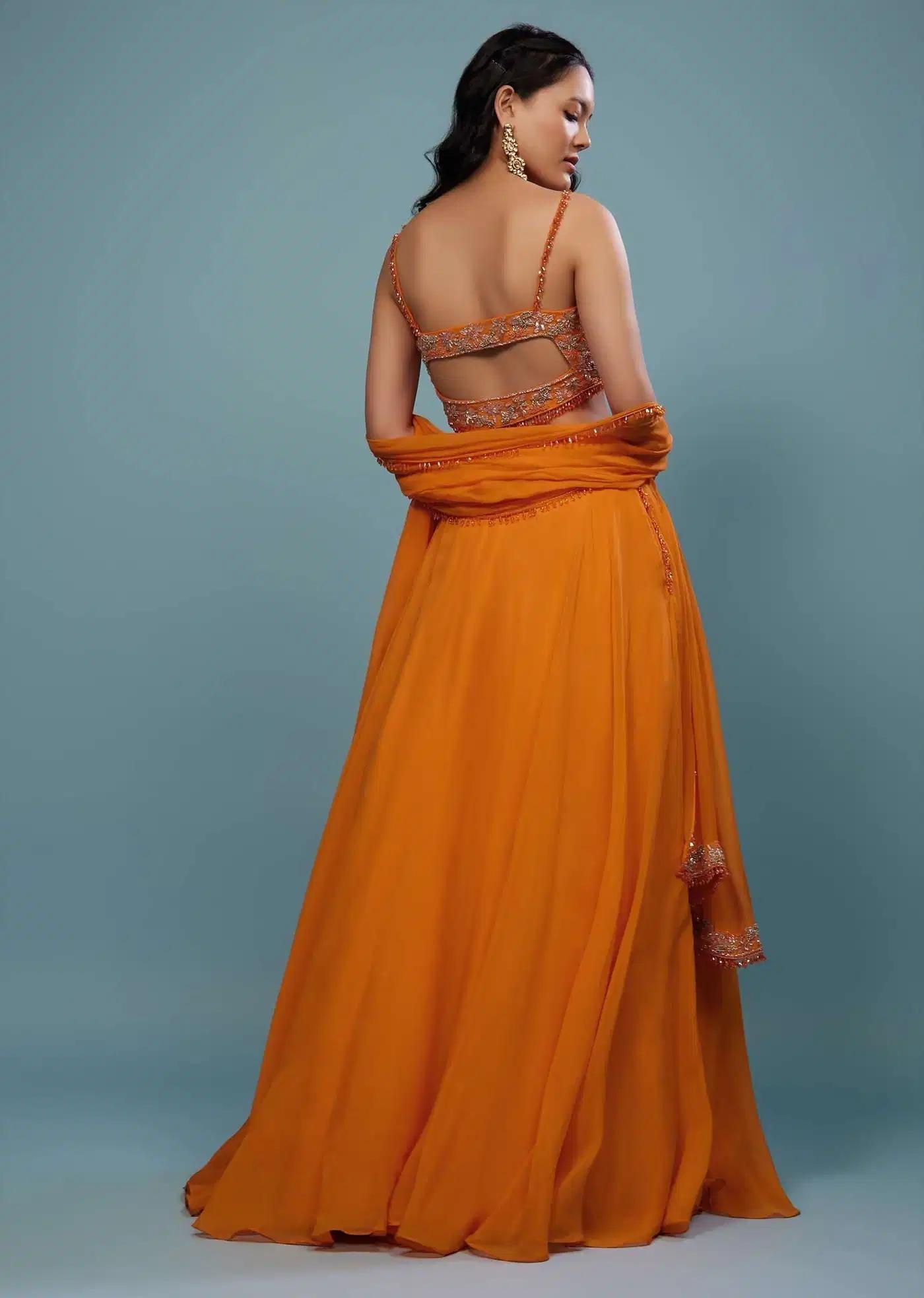 Carrot Orange Handcrafted Lehenga Skirt Ensemble In Organza
