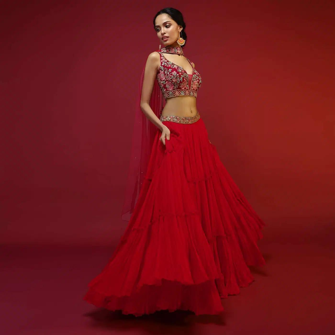 Cherry Red Gathered Lehenga Skirt Blouse Featuring Hand Handcrafted Multi Colored Resham Sequins Work In Floral Jaal Design