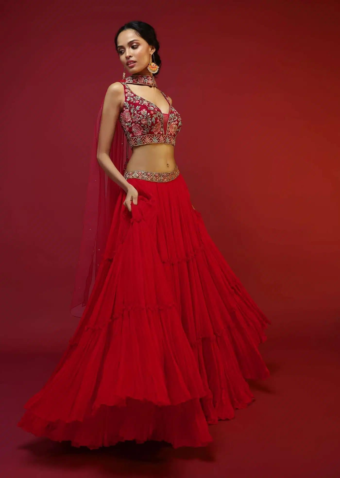 Cherry Red Gathered Lehenga Skirt Blouse Featuring Hand Handcrafted Multi Colored Resham Sequins Work In Floral Jaal Design